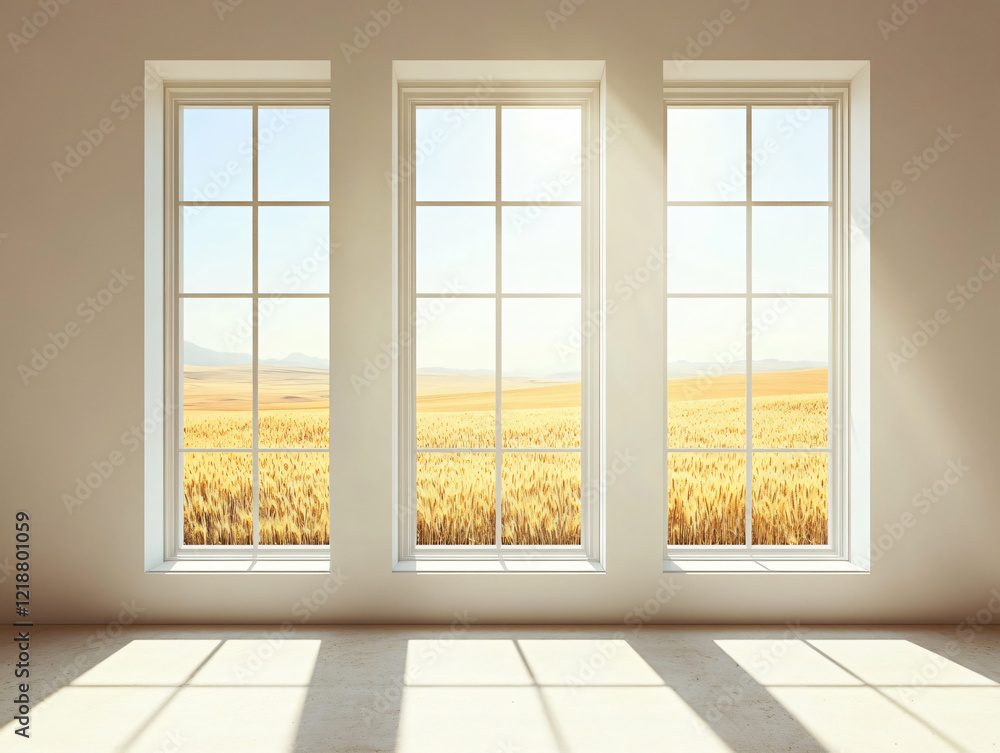 Fototapeta premium Bright interiors wide windows overlooking golden fields sunflower landscapes,serene natural beauty modern architecture warm peaceful atmosphere,chic,lush,pane,open,rustic,clean,home,farm,airy,room