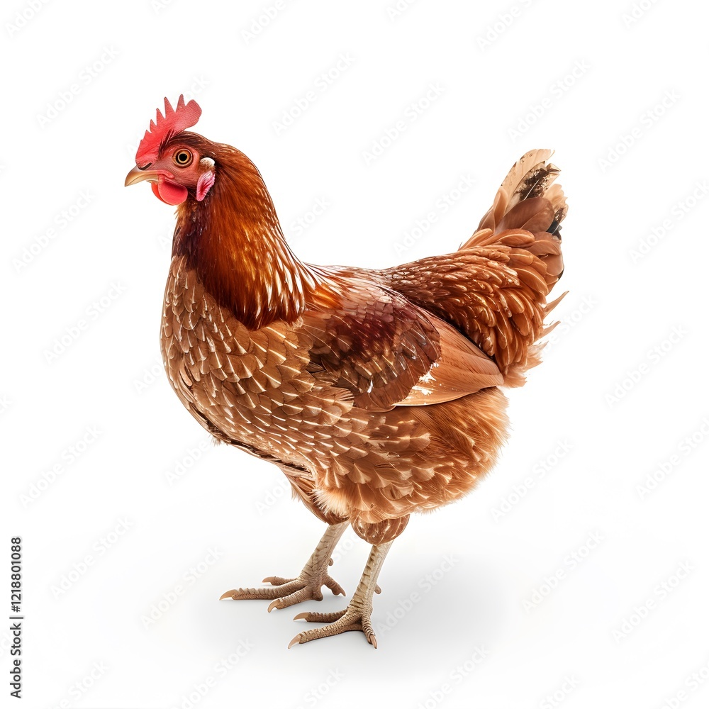 Fototapeta premium Brown Hen with Feathers Standing Gracefully on White Background