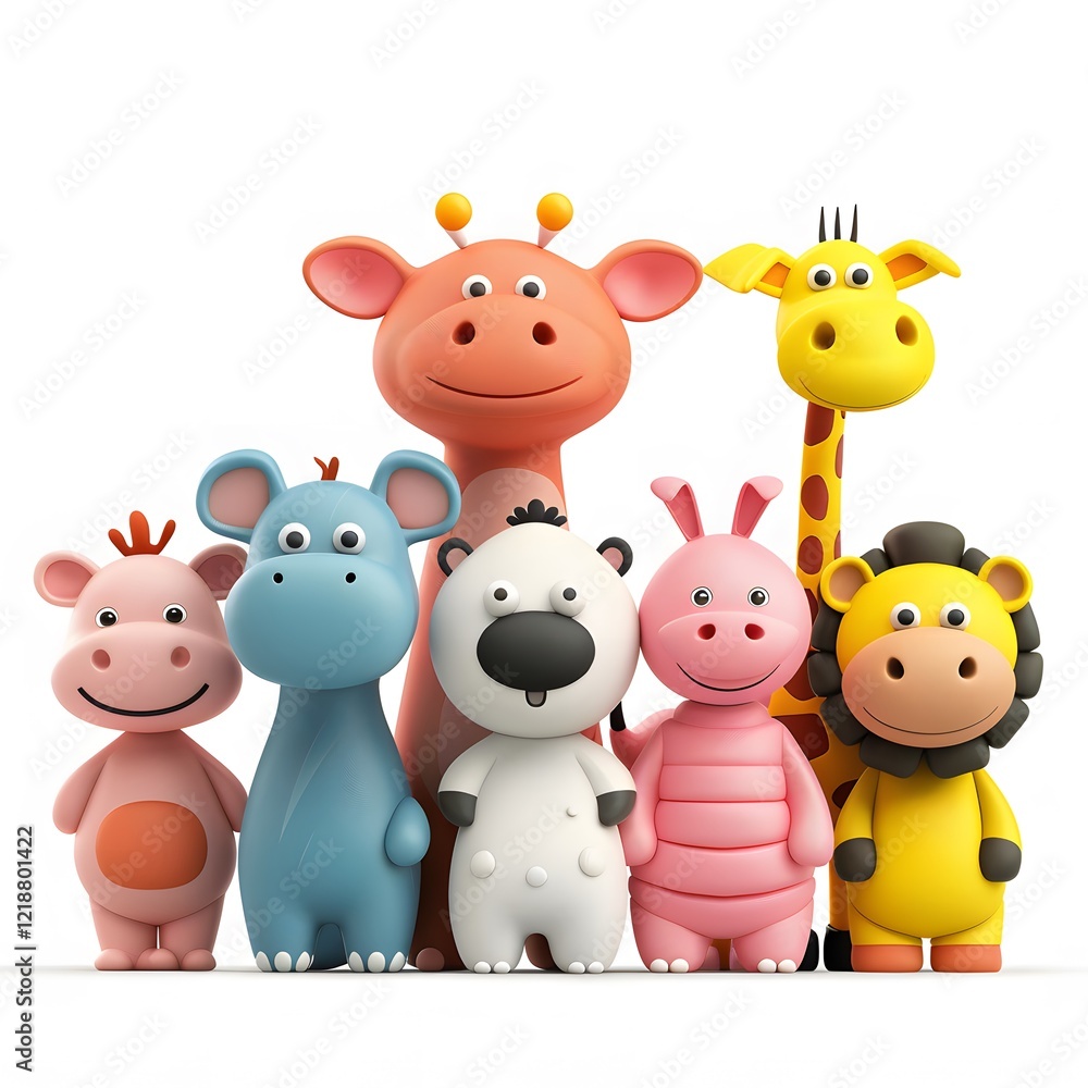 Colorful Cartoon Animals in a Playful Group Setting with Smiles Colorful Cartoon Animals in a Playful Group Setting with Smiles