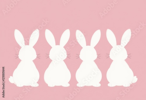 Four white bunny silhouettes on pink background.