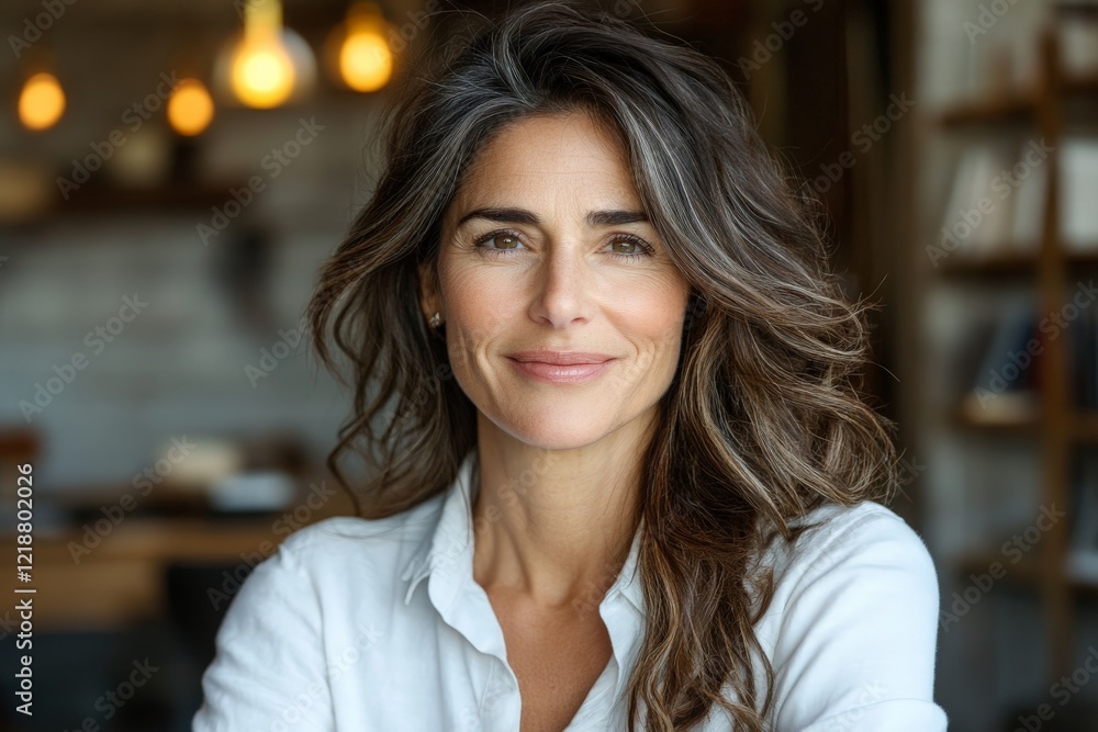Confident woman with long wavy hair smiling warmly in a cozy indoor cafe during daytime Confident woman with long wavy hair smiling warmly in a cozy indoor cafe during daytime