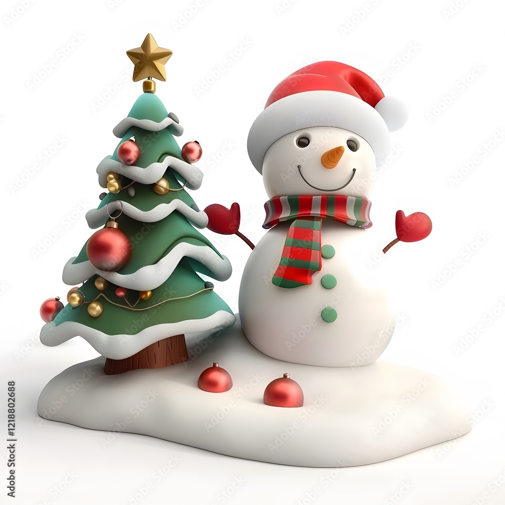 Fototapeta premium Cheerful Snowman with Christmas Tree and Ornaments for Holidays
