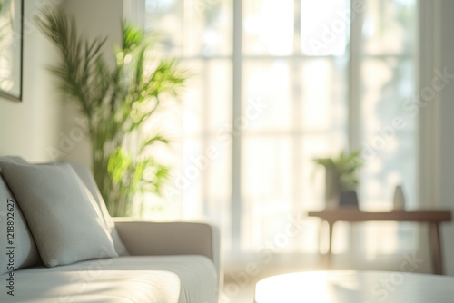Blur living room at home with morning sunlight at big window for background usage. blur interior background concept. white, britht tone. 