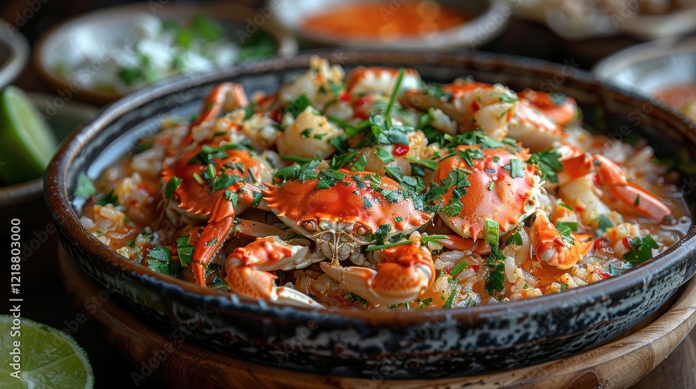 Seafood Crab with Rice and Spicy Sauce in a Bowl