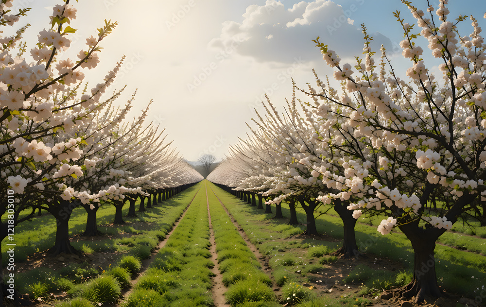Blossoming fruit trees in orchard during springtime with beautiful flowers Blossoming fruit trees in orchard during springtime with beautiful flowers