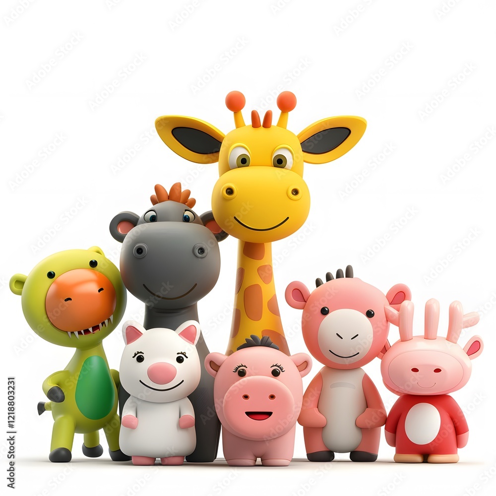Naklejka premium Colorful Cartoon Animal Characters in Playful Group Pose