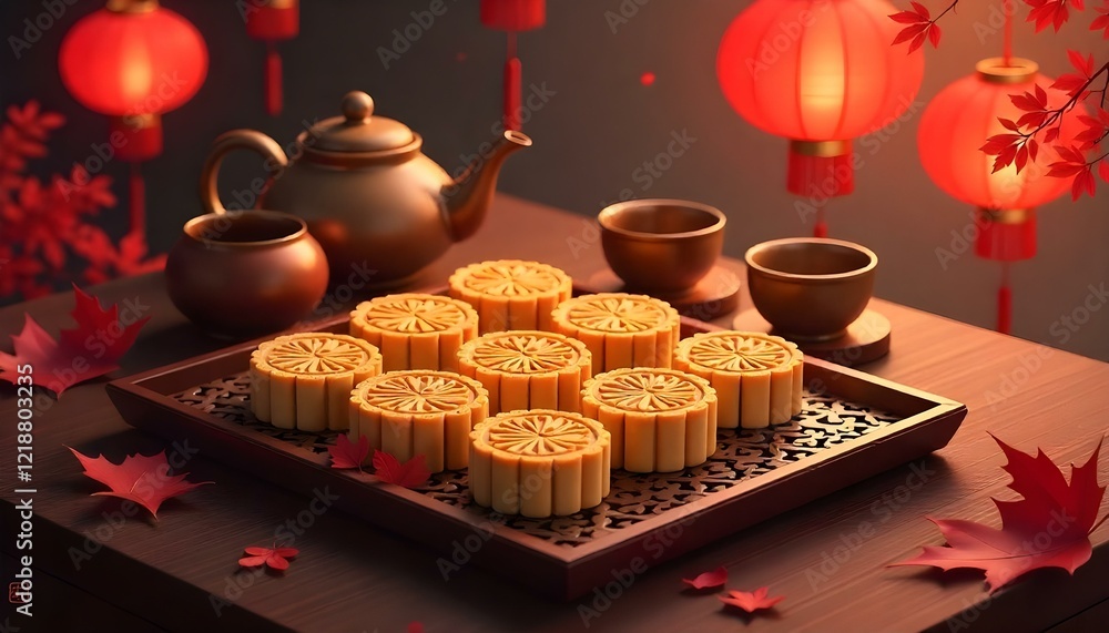 Obraz premium A vibrant scene of mooncakes on a carved wooden tray, celebrating Mid Autumn Festival