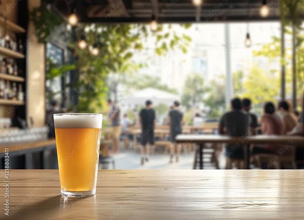 A glass of light beer is placed on the table in front, with a blurred background and people at the bar counter in the foreground, A glass of light beer is placed on the table in front, with a blurred background and people at the bar counter in the foreground,