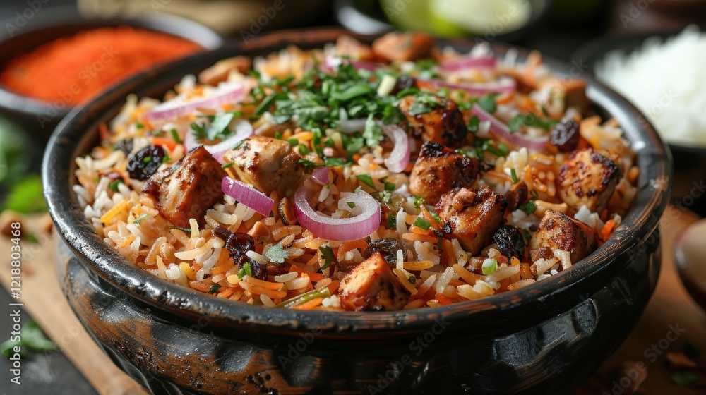 Bowl of Tasty Rice Pilaf with Meat on Table, Closeup Bowl of Tasty Rice Pilaf with Meat on Table, Closeup