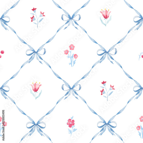 Beautiful vector coquette seamless pattern with damask print bows and classical vintage bouquet. Floral elegance print design for fabric, wallpaper or wrapping paper.