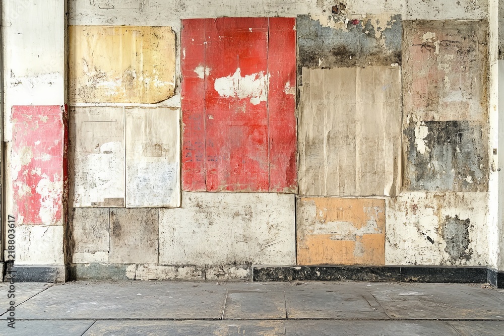 Naklejka premium Colorful, peeling posters create an urban art backdrop on a weathered wall in an abandoned space during daylight