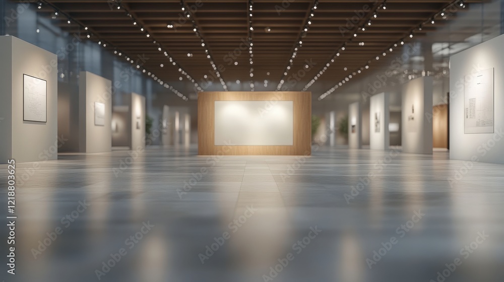 Naklejka premium Modern Art Gallery Interior with Abstract Design, Blurred Background, and Spacious Exhibition Space Illuminated by LED Lights and Wood Accents