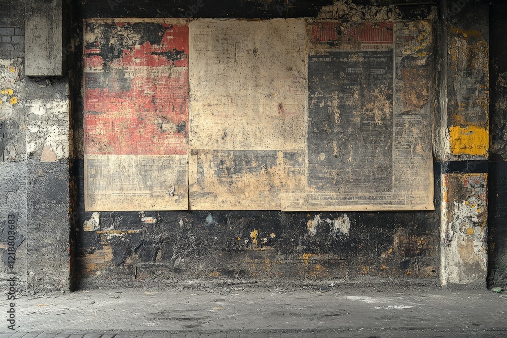 Naklejka premium Wall covered in aged posters and textures in an urban environment during daylight