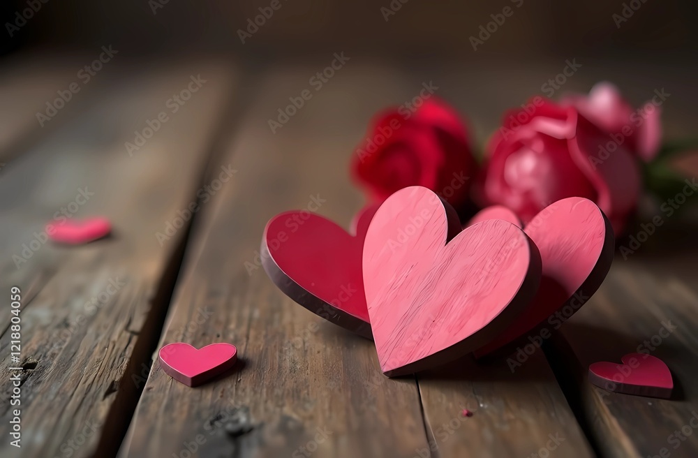 Wooden hearts on the table. Cute Valentine's Day card Wooden hearts on the table. Cute Valentine's Day card
