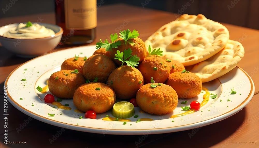 A festive family style presentation of falafel on a large platter with fresh vegetables and dips A festive family style presentation of falafel on a large platter with fresh vegetables and dips