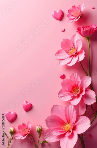 Flowers with hearts on pink background top view with blank space for text. Valentine's Day card 