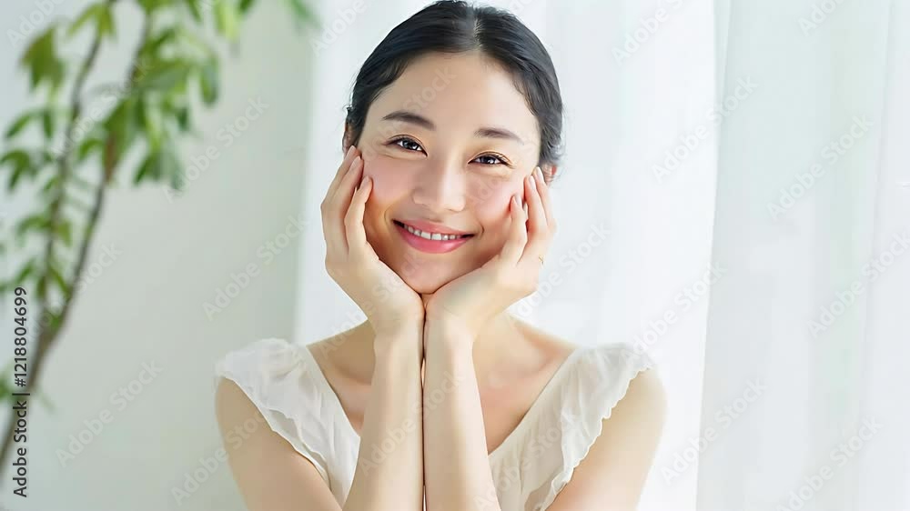 美容イメージの若い女性。頬に手をあてて満足げな笑顔。夏のスキンケア(AI_02) 美容イメージの若い女性。頬に手をあてて満足げな笑顔。夏のスキンケア(AI_02)