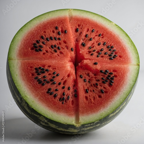 A ripe watermelon slice showing its red interior and black seeds on a white surface.
