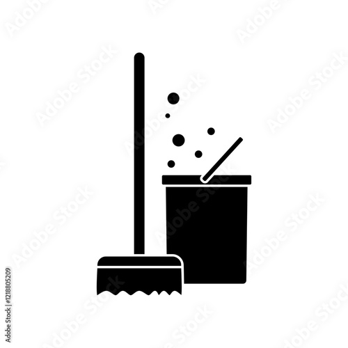 Cleaning tools icon, mop and bucket, simple flat style, pictogram logo symbol vector illustration, isolated on white for mobile app