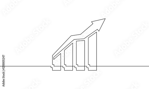 Continuous line drawing of graph business sign symbol. Illustration vector of increasing arrow up. Object one line of bar chart. Single line art of business growth. Flat icon