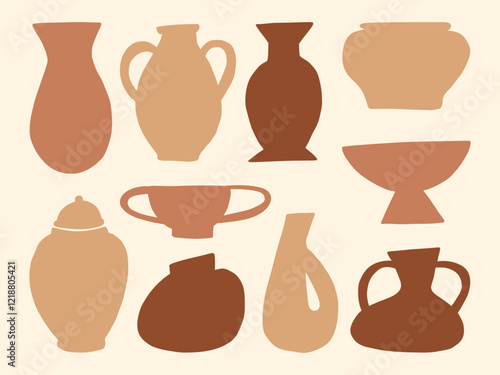 Earthenware Pottery Icon Rustic Style. A collection of minimalist pottery illustrations featuring vases, bowls, and jars in earthy tones, perfect for decor and design projects