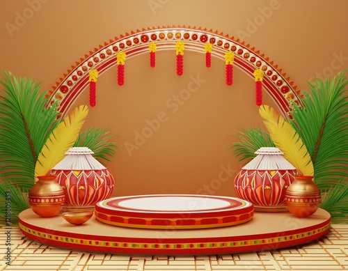 minimal temple scene design for diwlai and pongal festival product display podium 3d render background