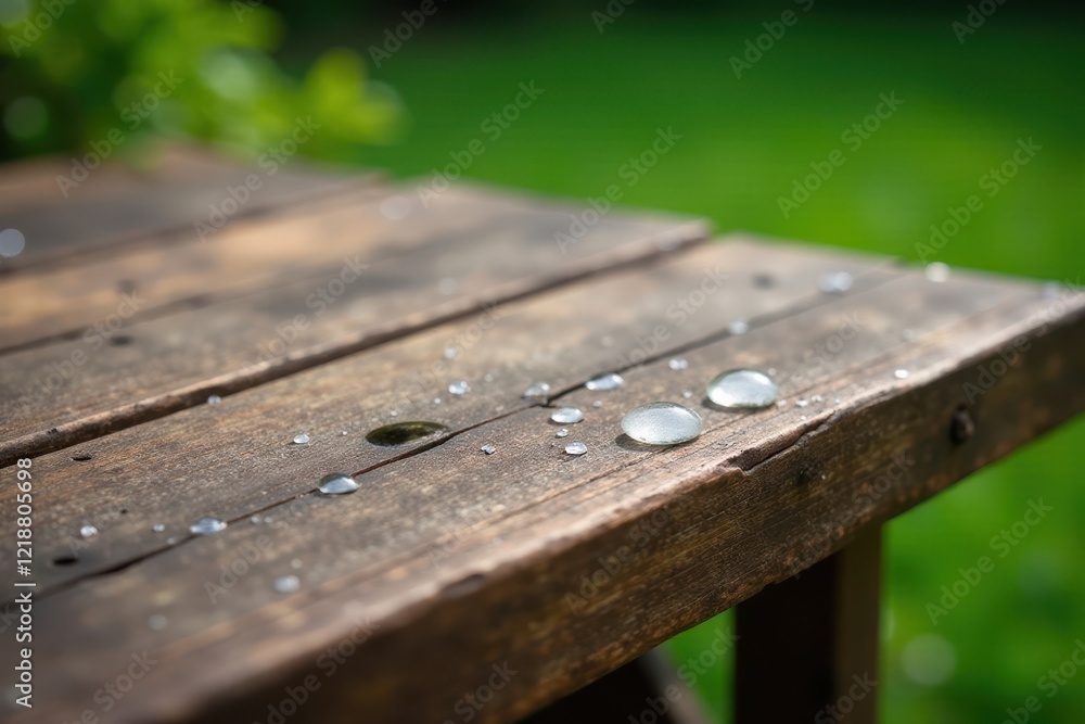 Fototapeta premium Clear water droplets on weathered wooden garden table, grain, clean