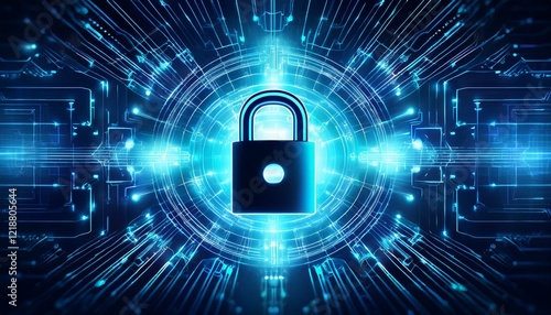 a lock symbol with glowing connection lines on a blue background representing a data protection concept ideal for cybersecurity and digital privacy themed designs photo