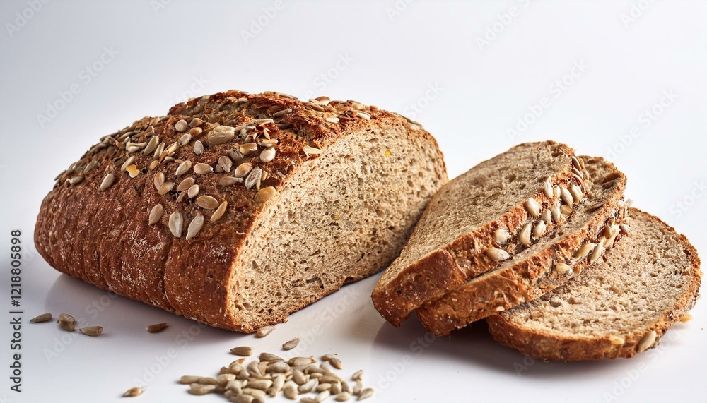 freshly baked multigrain bread loaf with slices and seeds on white background healthy homemade bakery product for breakfast or snack white background freshly baked multigrain bread loaf with slices and seeds on white background healthy homemade bakery product for breakfast or snack white background