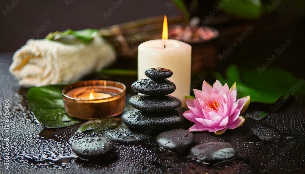Spa treatment background with candle, stone, lotus. Spa treatment background with candle, stone, lotus.