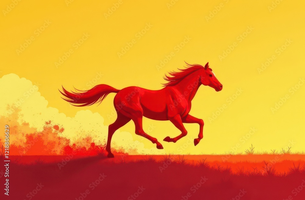 The red horse is running. A fiery horse runs across the field. The symbol of the year . Design of printed products The red horse is running. A fiery horse runs across the field. The symbol of the year . Design of printed products
