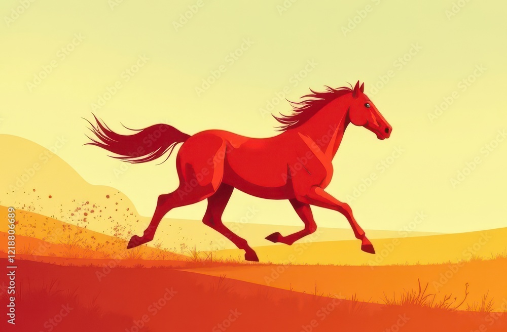 The red horse is running. A fiery horse runs across the field. The symbol of the year . Design of printed products The red horse is running. A fiery horse runs across the field. The symbol of the year . Design of printed products