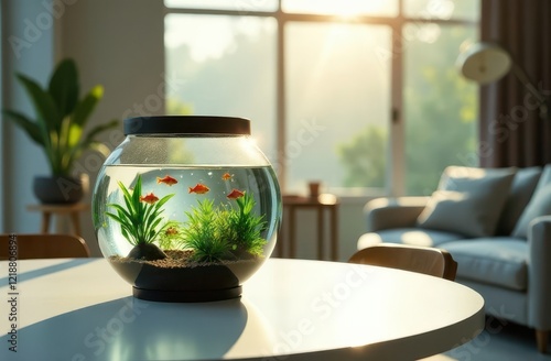 A round aquarium with fish on a table against the background of a large window. An article about comfort in the house. Pets. Interior photo