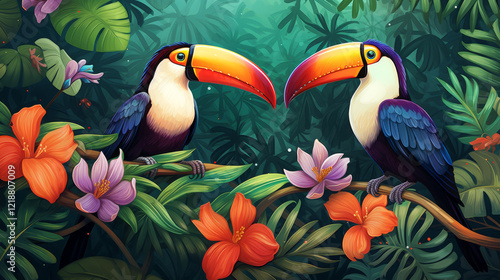 Colorful Toucans in Tropical Jungle Scene