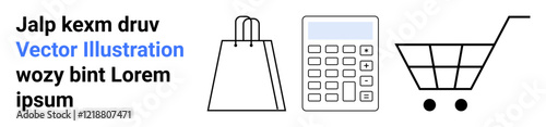 Shopping bag, calculator, and shopping cart icons symbolize online shopping, e-commerce, and retail. Ideal for online stores, financial planning, marketing, retail management business strategy