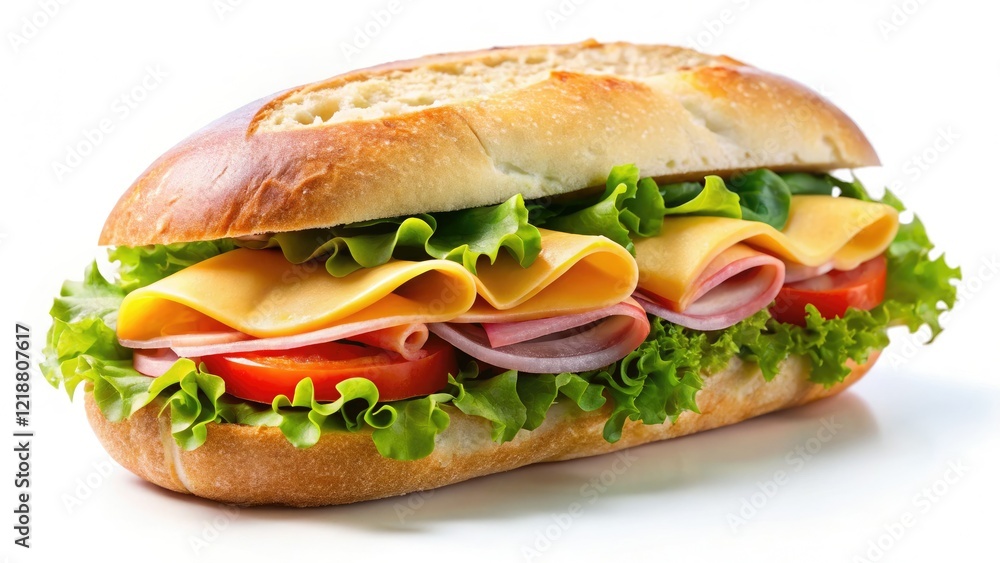 Rustic ciabatta cradles simple perfection: ham, cheese, lettuce, tomato. Rustic ciabatta cradles simple perfection: ham, cheese, lettuce, tomato.
