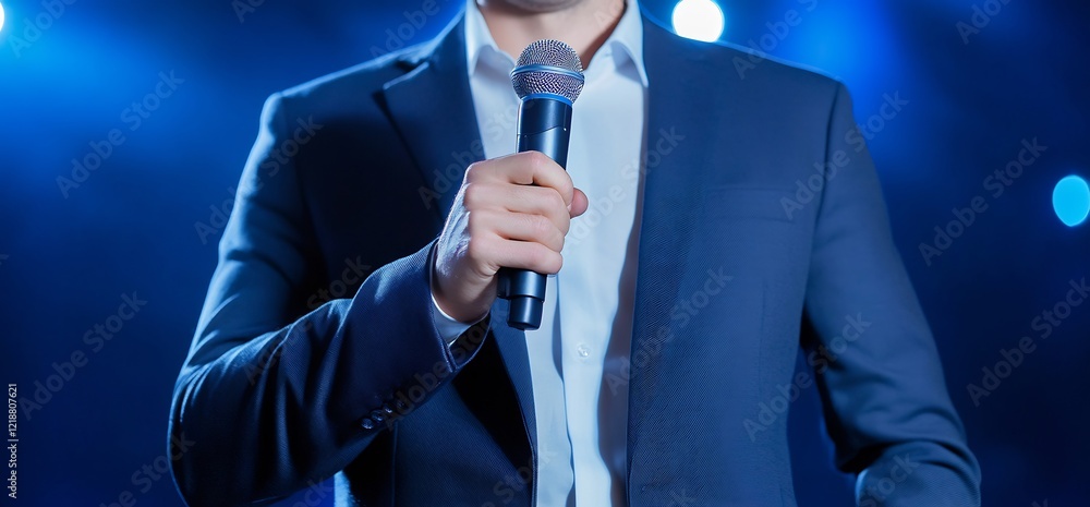 Speaker at conference, holding microphone, blue lights Speaker at conference, holding microphone, blue lights