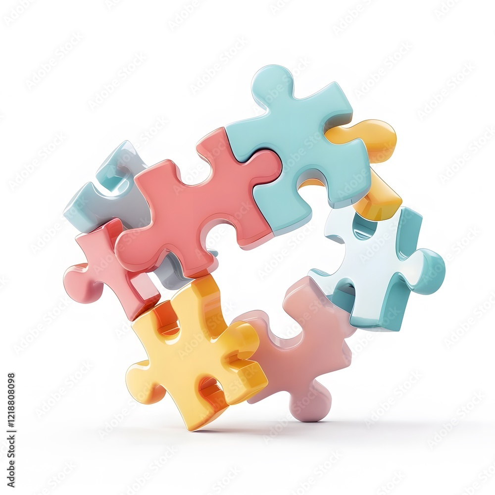 Colorful Puzzle Pieces Stacked in Creative Arrangement on White Background Colorful Puzzle Pieces Stacked in Creative Arrangement on White Background