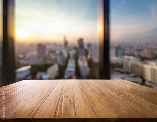 a blurred empty wooden tabletop with a window view showcasing a light brown wood grain surface ideal for product display montages with a blurred cityscape outside photo