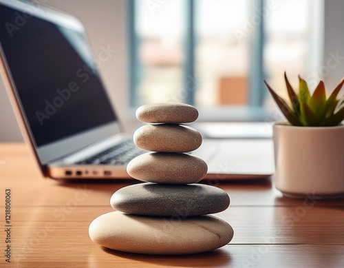 zen stones on the desk with laptop in office photo