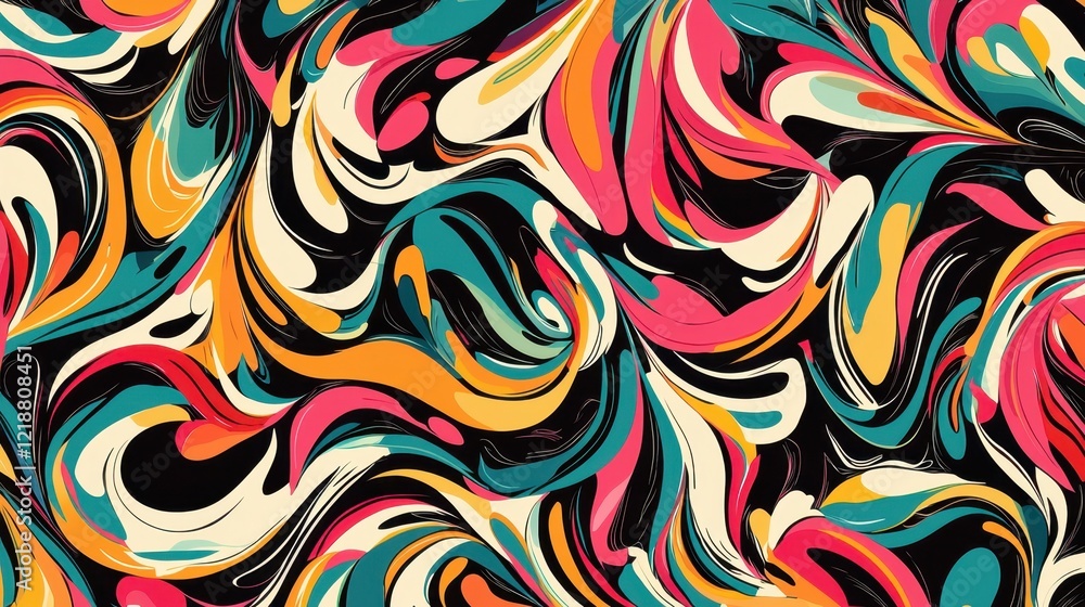The artwork showcases a dynamic swirl pattern with vibrant colors like pink, orange, blue, and cream on a black background. This design captures the essence of creativity The artwork showcases a dynamic swirl pattern with vibrant colors like pink, orange, blue, and cream on a black background. This design captures the essence of creativity