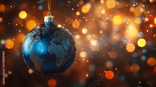 A glittering blue Christmas globe ornament showcasing a world map, set against a glowing holiday-themed backdrop with text space