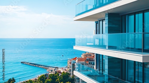 A brand-new apartment complex with sleek glass balconies, nestled by the sea in a modern urban environment.