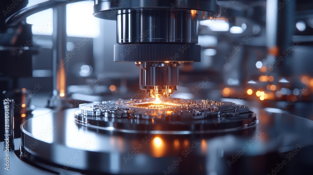 A close-up view reveals precision machinery expertly working on intricate circuit boards in a modern production environment. The lighting highlights the technology involved A close-up view reveals precision machinery expertly working on intricate circuit boards in a modern production environment. The lighting highlights the technology involved