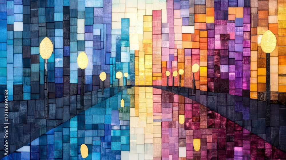 Colorful Abstract Cityscape with Reflections in Water at Dusk Colorful Abstract Cityscape with Reflections in Water at Dusk