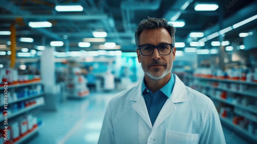 A focused male pharmacist in a lab coat stands confidently in a well-lit pharmacy aisle filled with medications. A focused male pharmacist in a lab coat stands confidently in a well-lit pharmacy aisle filled with medications.