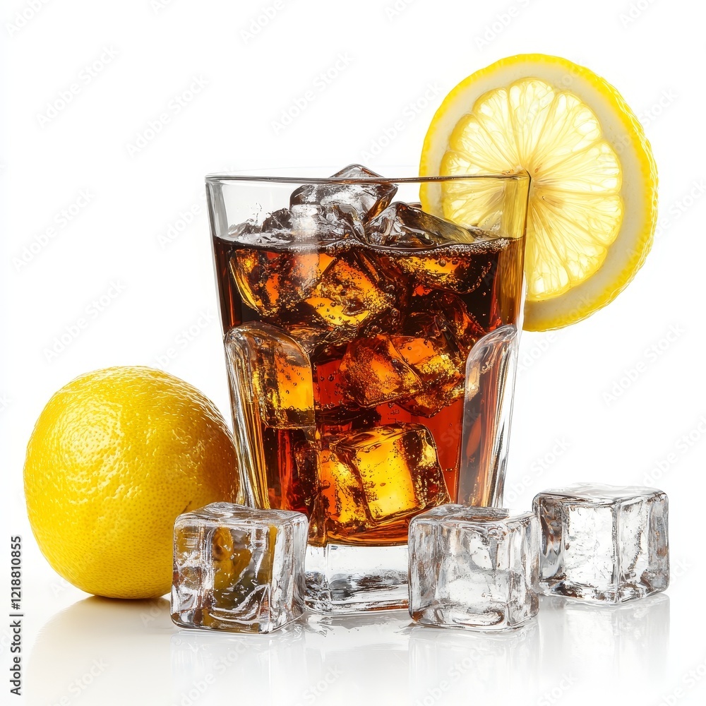 Glass of Cola with Ice Cubes and Lemon Slice Isolated on White Background, Refreshing Beverage, Summer Drink, and Beverage Concept. Glass of Cola with Ice Cubes and Lemon Slice Isolated on White Background, Refreshing Beverage, Summer Drink, and Beverage Concept.