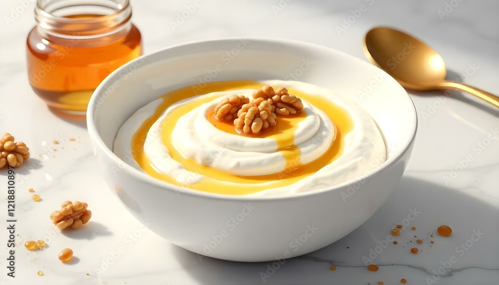 A delicious Greek breakfast setup with Greek yogurt, honey, walnuts, and fresh fruit A delicious Greek breakfast setup with Greek yogurt, honey, walnuts, and fresh fruit