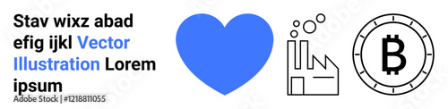 Blue heart icon, factory with bubbles, and Bitcoin symbol. Ideal for finance, love, industry, cryptocurrency, modern web design, minimalistic icons. Landing page