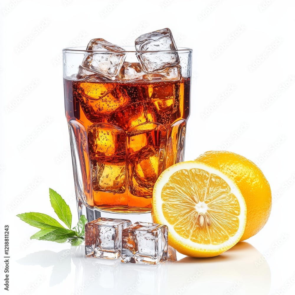 Glass of Cola with Ice Cubes and Lemon Slice Isolated on White Background, Refreshing Beverage, Summer Drink, and Beverage Concept. Glass of Cola with Ice Cubes and Lemon Slice Isolated on White Background, Refreshing Beverage, Summer Drink, and Beverage Concept.